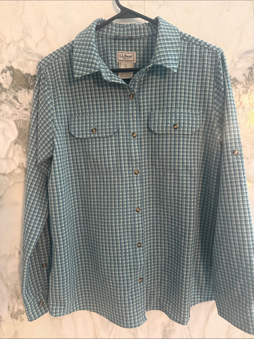 L.L. Bean women’s green and White Plaid Casual Button-Down Shirt.